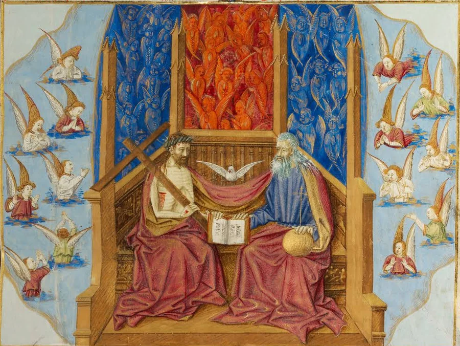 Medieval illumination of the Trinity enthroned among angels